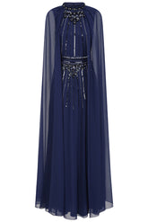 Kaya Navy Embellished Cape Sleeve Maxi Dresses